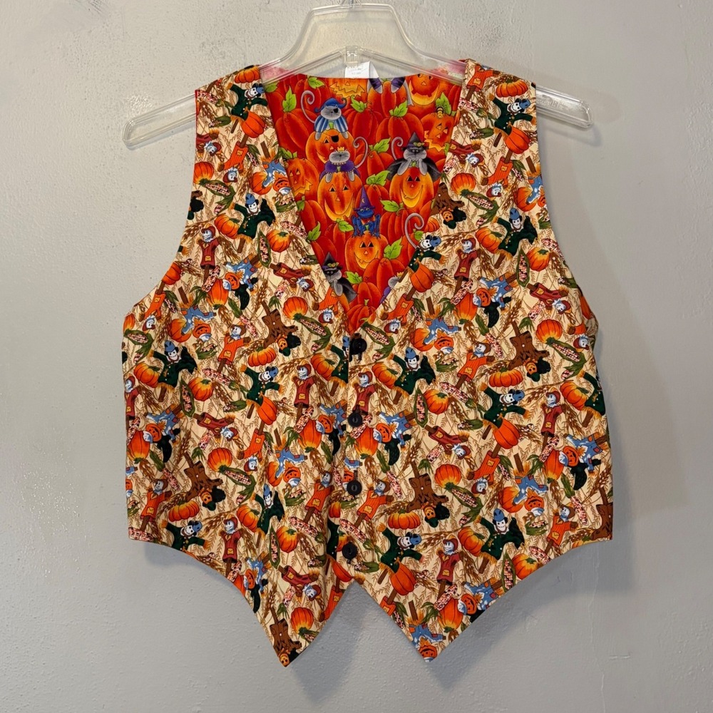 Vintage Halloween Reversible Vest Medium Pumpkins Cats Scarecrow Cotton Teacher